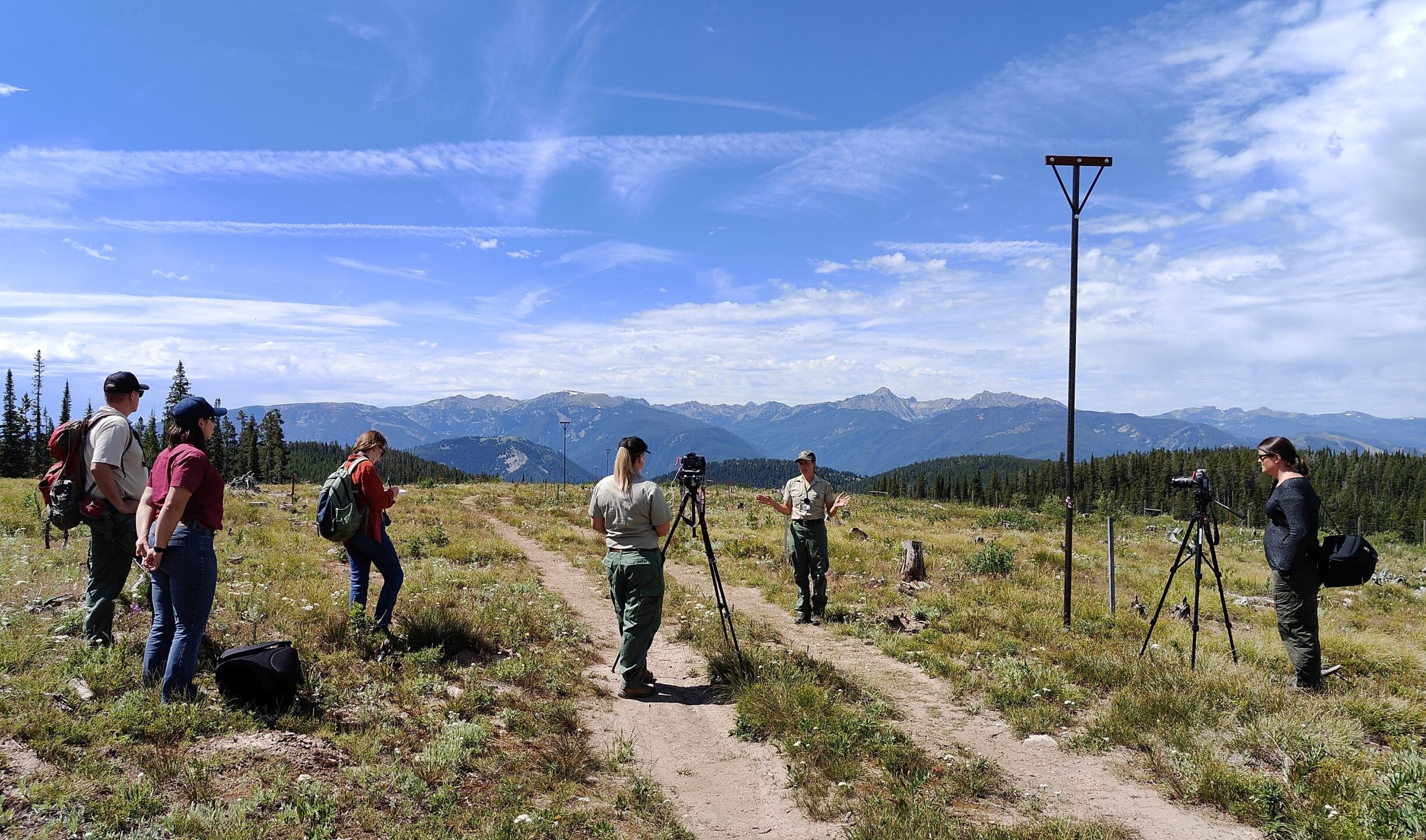 Group of people filming a forest service official talking about whitebark pine.